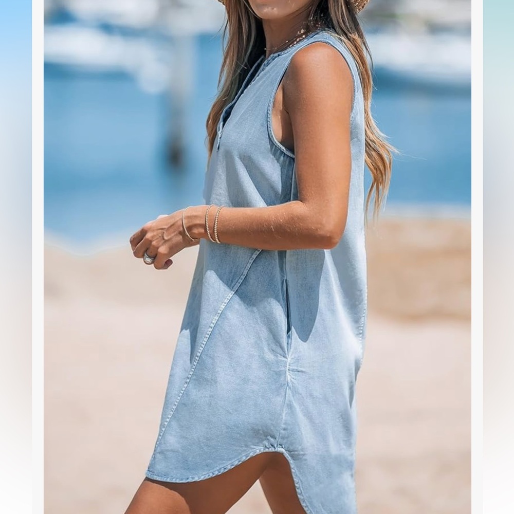 Cupshe NWT Light Blue Sleeveless LIDHTWEIGHT Denim HI/LOW MINI Dress C… - Picture 3 of 7